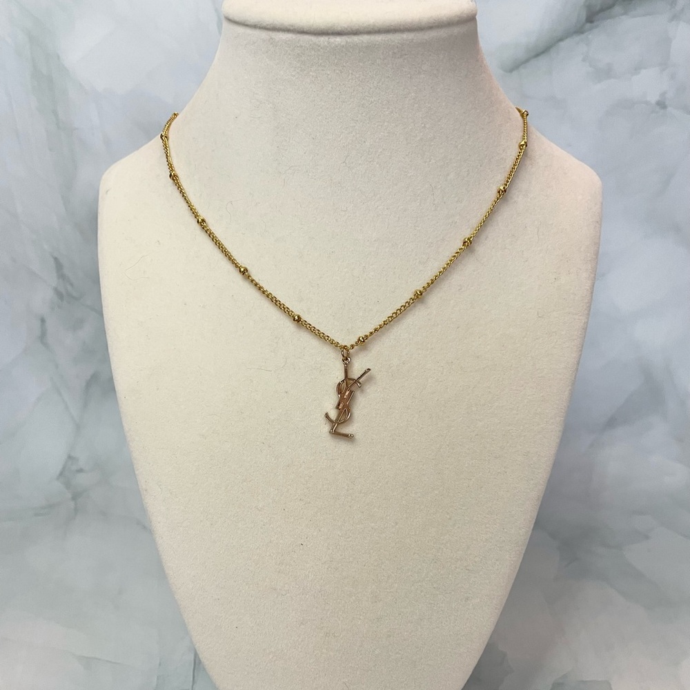 Upcycled YSL Gold Logo Charm Satellite Chain Necklace
